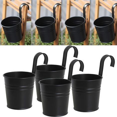 Lot de 4 pots de fleurs à suspendre en métal noir avec crochet amovible pour extérieur, intérieur, clôture, balcon, jardin, décoration de la maison (1/4)