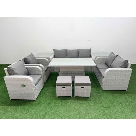 Fimous PE Rattan Garden Furniture Set Reclining Chair Sofa Double Love Seat 2 Seater Sofa Lounge Set Adjustable Lifting Dining or Coffee Table 2 Stools 2 Side Table Light Grey (1/5)