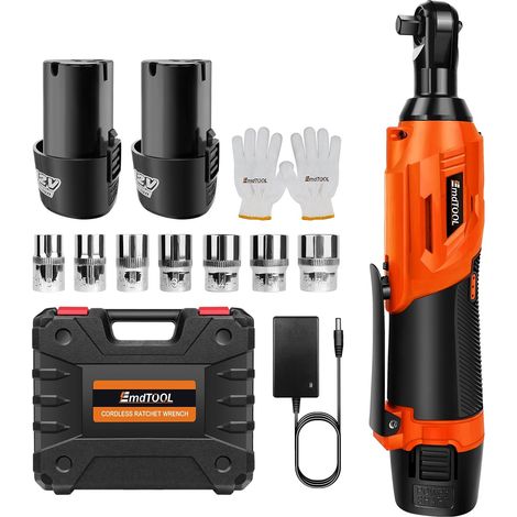 Clé à Cliquet Sans Fil, 40N.m 3/8 Pouces Kit de Cliquet, 2 batteries Li-ion de 1,5 Ah, chargeur rapide, 12V Clé à Cliquet électrique avec Lumière LED et 7 prises et boîte de Rangement (1/5)