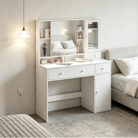 Tocador con espejo LED (108x40x139 cm), joyero integrado, enchufes USB, estantes ajustables, madera y vidrio blanco (1/5)