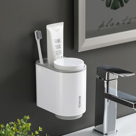 Porte-brosse à dents magnétique à ventouse, double gobelet pour bain de bouche, gris, fixation murale non perforée, support de rangement pour dentifrice et brosse à dents (1/5)