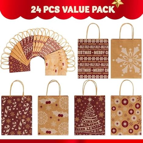24 sacs cadeaux assortis en papier kraft avec poignées et imprimés chics, parfaits pour les cadeaux de Noël, l'école, la décoration de classe et les fêtes.