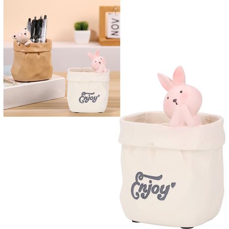 Accesorio de escritorio de resina, portalápices, macetas en miniatura con suculentas, conejito adorable en una bolsa de compras, decoración para el hogar o la oficina, idea para regalo. (1/5)