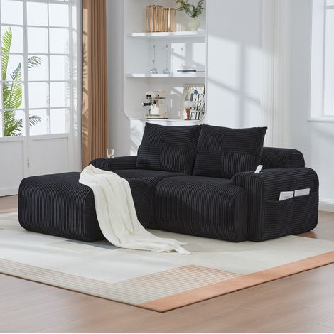 Sofa Modularsofa 2-Sitzer aus Cordstoff in Schwarz, 200x174x80 cm, mit Cupholder, Seitentasche und Fußhocker (1/5)