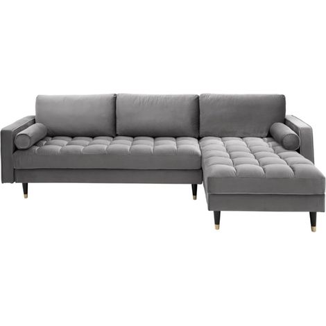 Ecksofa KOLIRI in Grau – 4-Sitzer – Rechtsseitiger Winkel – Designersofa aus Samt und Massivholz