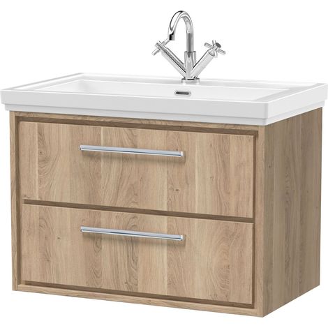 Longnor 2 Drawer Wall Hung Vanity Unit with 1 Tap Hole Traditional Fireclay Basin, Light Oak, 800mm