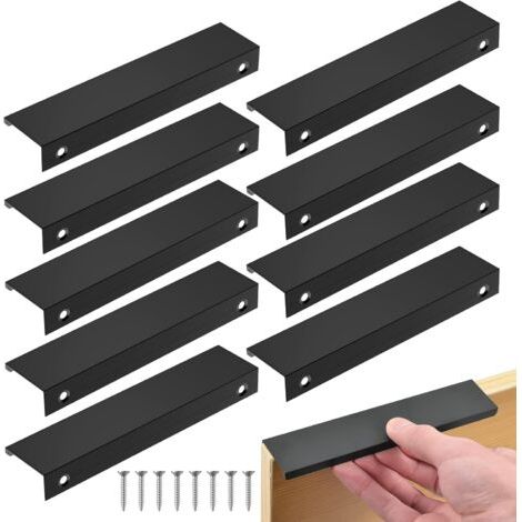 10PCS Invisible Poignee de Meuble, poignet de porte cuisine en Aluminium, Noir pour Tiroirs Armoires Placard (Entraxe 160mm/ Long 200mm)