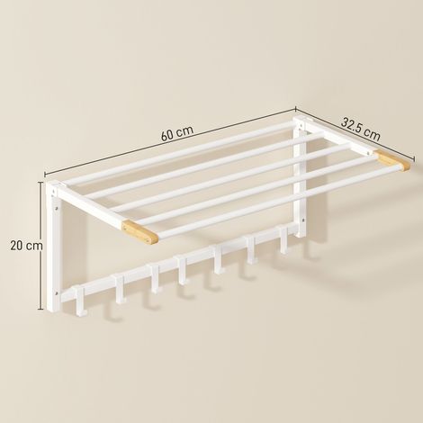 Porte-serviettes mural pliable (5 barres et 6 crochets, en bois et acier), 60 x 32,5 x 20 cm, blanc (1/5)