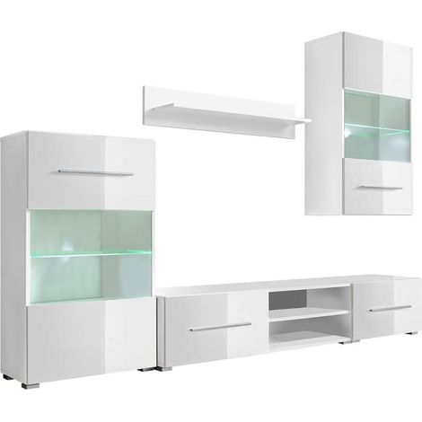 Helloshop26 – Ensemble de meubles de salon blanc – 5 pièces avec éclairage LED – Armoire murale et debout – Dimensions 240x40x195 cm