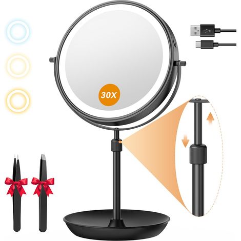 Miroir Grossissant Lumineux 3000mAh, Hauteur Réglable, Noir Grossissement 30X pour sourcils, eye-liner et soins du visage, 3 modes d'éclairage pour un maquillage précis à tout moment (1/5)
