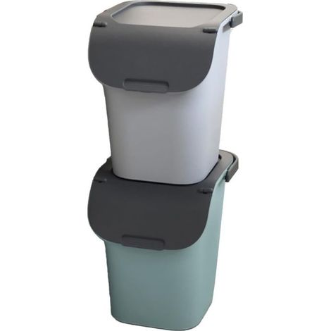 Lot de 2 Poubelles de Tri 40L empilable avec poignée - Gris et Vert d\'eau - Plastique Recyclé - Origine France - Livraison gratuite (1/5)