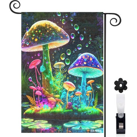 Drapeau de jardin 30 x 45 cm motif champignons féeriques multicolores toile double face extérieure (1/5)