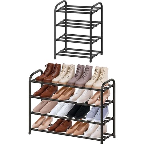 Meuble à Chaussures Entrée Étroit Extensible 4 Niveaux en Métal Noir, Rangement Porte Étagère à Chaussures 8 à 16 Paires pour Entrée, Extérieur, Armoires, Chambres à Coucher (1/5)
