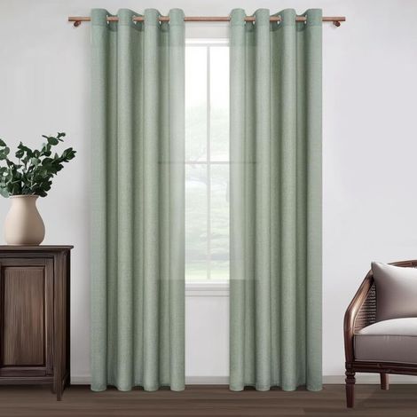 Rideaux en Lin et Tulle Semi-Transparents Vert Sauge, 132x240 cm, Lot de 2 Panneaux Voilage Léger pour Salon Moderne (1/4)
