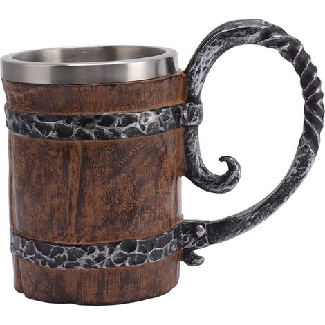 Chope à bière viking avec anse, en acier inoxydable 304, à double paroi, imitation bois, style médiéval, pour bar, restaurant et décoration intérieure. (1/5)