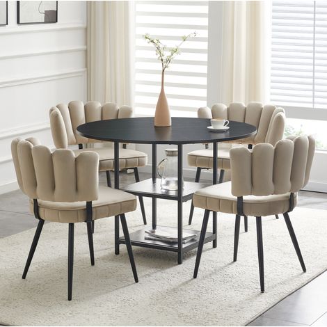 Ensemble table ronde 107 cm avec double rangement et 4 chaises en tissu marron clair – style industriel pour petits espaces (1/5)
