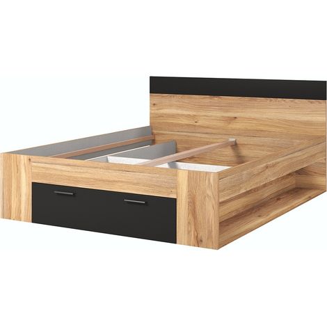 Letto matrimoniale 180x200 con cassetti integrati e rete a doghe. Collezione EOS. Colori quercia chiara e nero.