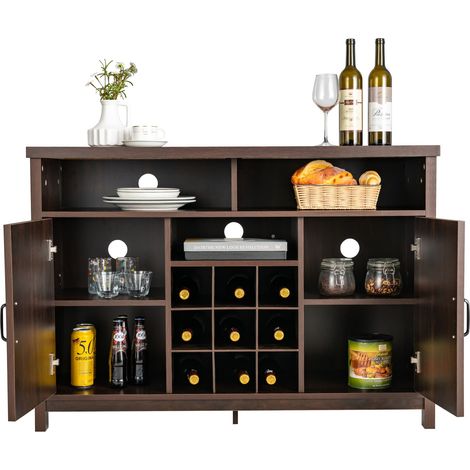 COSTWAY Buffet Storage Cabinet Farmhouse Sideboard w/9-Bottle Wine Rack-Brown (1/5)