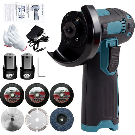 12-V-Akku-Winkelschleifer-Set mit Bürstenbürste, 76-mm-Schleifscheibe, 2 x 1300-mAh-Lithium-Ionen-Akkus, Ladegerät, ergonomischer Tastenanordnung, 6 Trennscheiben