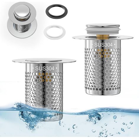 2 Pièces Bouchon Lavabo, Acier Inoxydable 304, Filtre Cheveux, Design Pop-Up, Salle de Bain Cuisine