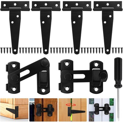 Lot de 4 verrous de porte et charnières de porte en bois - Noir - 10,2 cm - 2 verrous de porte extérieurs pliables à 180° - Avec 32 vis - Tournevis - Charnières en T pour portes de jardin, fenêtres (1/5)