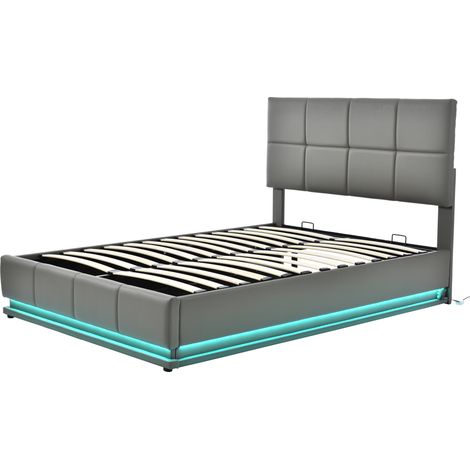 Cama doble 140 x 200 cm de polipiel gris con LED y arcón hidráulico (1/5)