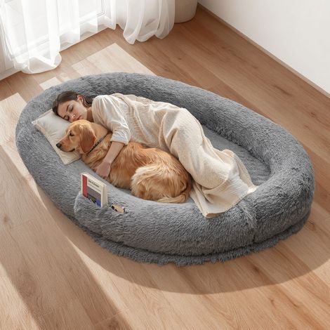Lit pour Chien Humain 174x118x24 cm Panier Géant pour Chien en Mousse Mémoire Forme Orthopédique avec Poche Latérale, Poignée, Fermeture Éclair, Housse Amovible, Lavable en Machine, Gris Foncé (1/5)
