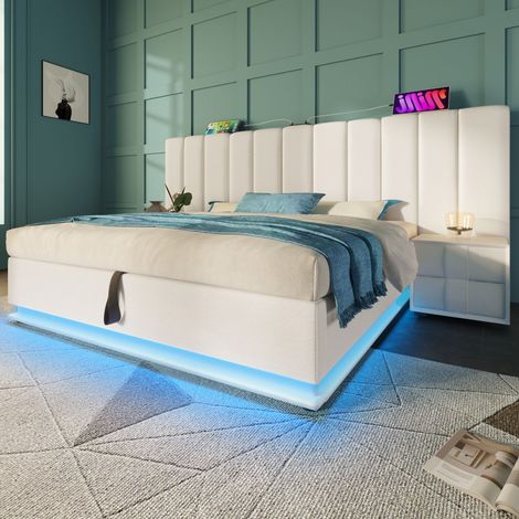 Letto matrimoniale imbottito 180 x 200 con LED app control e ricarica USB-C, PU, bianco, senza testata (1/5)