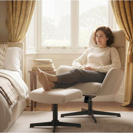 Sillón mecedora con reposapiés respaldo 67 cm beige metal y tejido efecto lino acolchado (1/3)