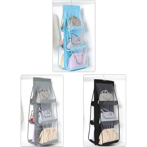 Ensemble de 3 pochettes de rangement suspendues grises, bleues et noires pour sacs à main, compartiments transparents pour vêtements, organisateur de placard et de chambre (1/5)