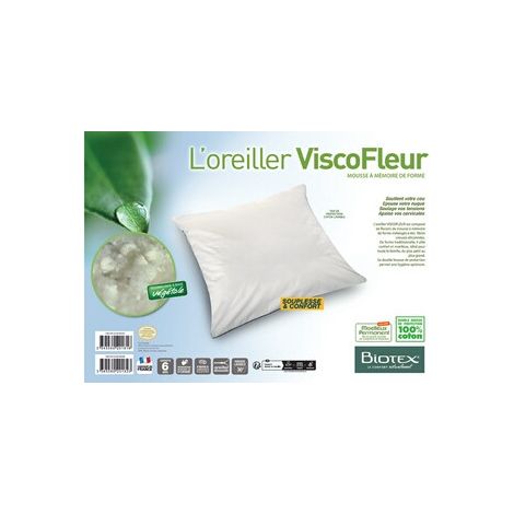 Oreiller rectangulaire Biotex ViscoFleur mémoire de forme 60 x 40 cm housse coton blanc