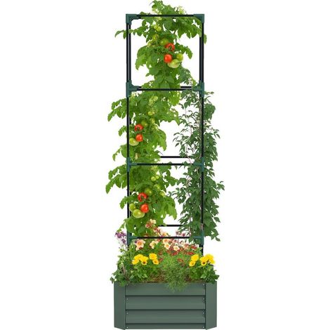 Jardinière avec treillis ajustable, bac à fleurs avec cage à tomates acier galvanisé 61 x 61 x 187 cm vert (1/5)
