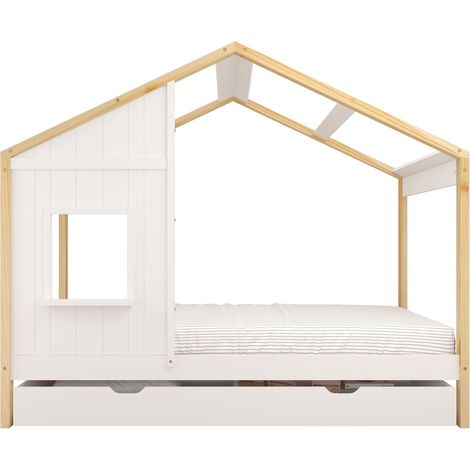 Sunny Beau Lit Cabane Avec Tiroir De Rangement, En Bois, Marron/Blanc Au Sol Pour Enfants, Montessori - Sans Matelas - 208 X 97 X 171 Cm Pour Matelas : 90 X 200 Cm (1/5)