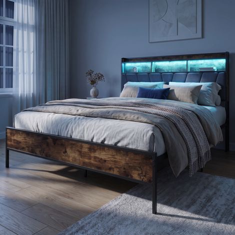 Lit double adulte 160x200 cm avec LED et station de charge, tête de lit capitonné avec rangement, style industriel, Gris (1/5)