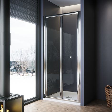 ELEGANT 900mm Bifold Shower Door Aluminium Frame Shower Enclosure 5mm Tempered Glass with SMC Tray & Waste Trap (1/5)