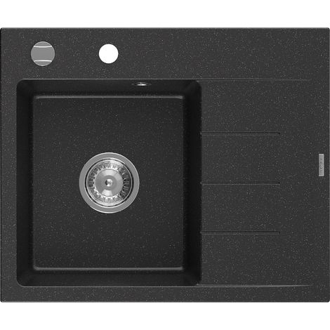 Mexen Ben Granitspüle 1-Becken mit Abtropffläche, links 600 x 500 mm, schwarz/silber metallic, Chromsiphon - 6522605000-73 (1/5)