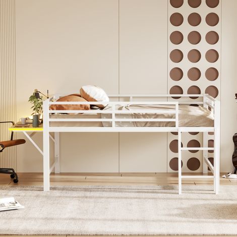 Metall-Hochbett 140 x 200 cm mit klappbarem Schreibtisch, Leiter, Schutzgittern, Weiß (1/5)