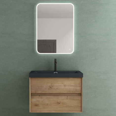 Mai & Mai Meuble de Salle de Bain Marron Clair avec Lavabo Anthracite Mat et Miroir Meuble sous Vasque 76,5x48x55cm Meuble Suspendu avec 2 Tiroirs Rimo (1/5)