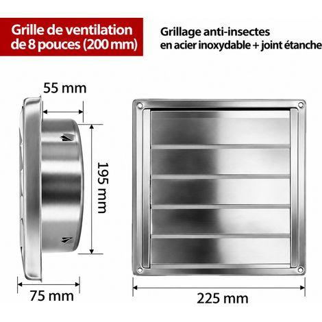 Grille d'aération murale inox 304 avec grille et joint en caoutchouc 200 mm 8 pouces pour conduit VMC – 22,5 × 22,5 × 9 cm – Livraison gratuite (1/5)
