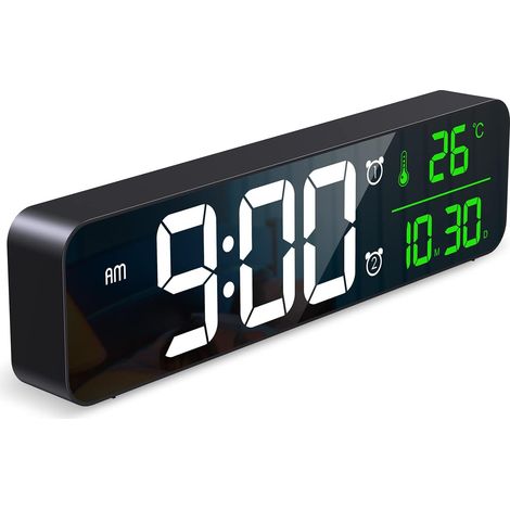 Horloge numérique murale grand format pour salon, affichage de la température et de la date, miroir LED, 40 musiques, 2 alarmes, 6 niveaux de luminosité, 4 réglages du volume. (1/3)