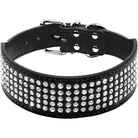 Collier pour chien en cuir de luxe orné de strass, disponible en noir et pour chiens de grande, moyenne, petite et très grande taille (XS). (1/4)
