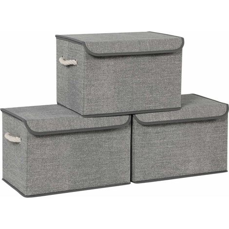 Cajas de tela para almacenaje juego de 3 baúles/cubos con tapa y asas algodón estampado de lino gris 120003634 (1/2)