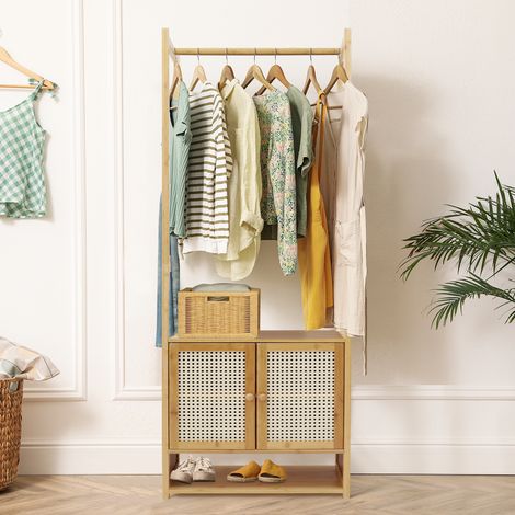 Tall Slim Storage Cabinet with Shutter Door, Freestanding Garment Rack for Living Room, Bathroom Organizer, Natural Bamboo (1/5)