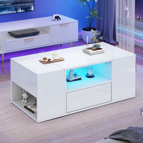 Tavolino 100x50x40 cm bianco con LED, 1 cassetto e vani contenitore, pannelli truciolari MEUBLIV (1/5)