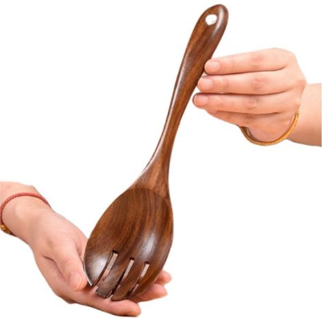 26 cm langer Rührlöffel aus Teakholz, hitzebeständig für beschichtete Pfannen, Naturfarbe (1/5)