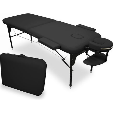 Table Pliante en Aluminium, 185 x 65 cm, Similicuir, Hauteur réglable, Tête articulée, Trou du Visage, Bras latéraux, Noire, Sac à Dos de Transport, Jusqu'à 225 kg (1/5)
