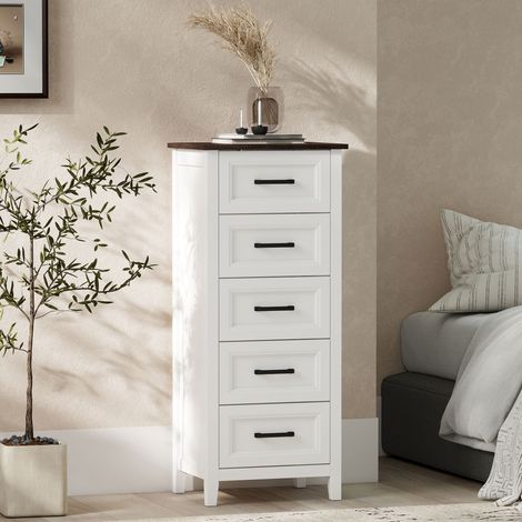 Cassettiera stretta e alta per camera da letto con piano effetto legno, ideale per piccoli spazi, 45x35x106 cm, bianca.