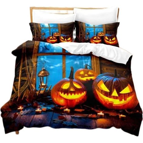 Parure de lit 3 pièces motif citrouille d'Halloween, impression numérique, microfibre, 1 personne, 2 personnes, king size, 200 x 200 cm (1/2)