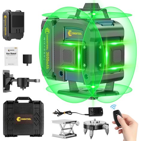 Niveau laser 4 x 360°, Levier laser 16 lignes, Auto-Nivelant Laser Vert à Ligne Croisée Verticale et Horizontale, Avec télécommande intelligente, 2 x 3600mAh Batteries, CONENTOOL, Bleu (1/5)