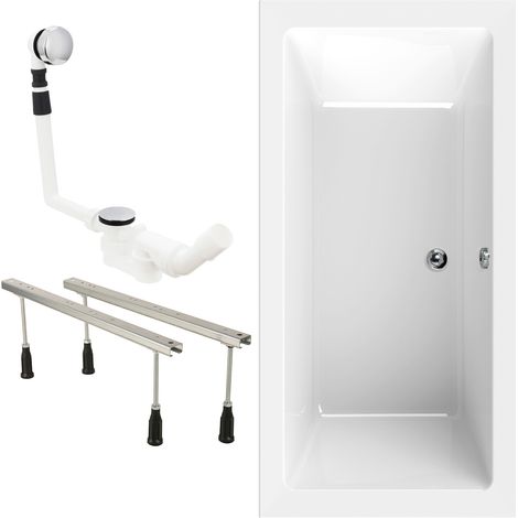 Calmwaters® Badewannen-Set 200x90 cm, Made in EU, mit Wannenfüßen & Ablaufgarnitur, Acrylwanne Modern Square 2, ergonomische Körperform, Set Duo-Badewanne komplett, 200 x 90 cm, Weiß (1/5)